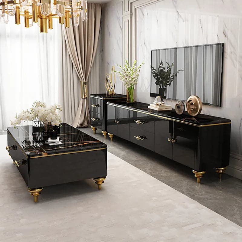 Table basse moderne en marbre blanc/noir de 51 po et tiroirs de rangement, pieds en acier inoxydable doré