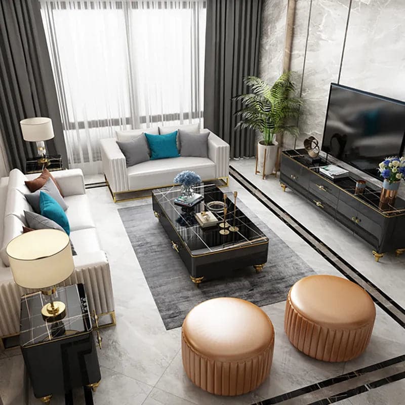 Table basse moderne en marbre blanc/noir de 51 po et tiroirs de rangement, pieds en acier inoxydable doré