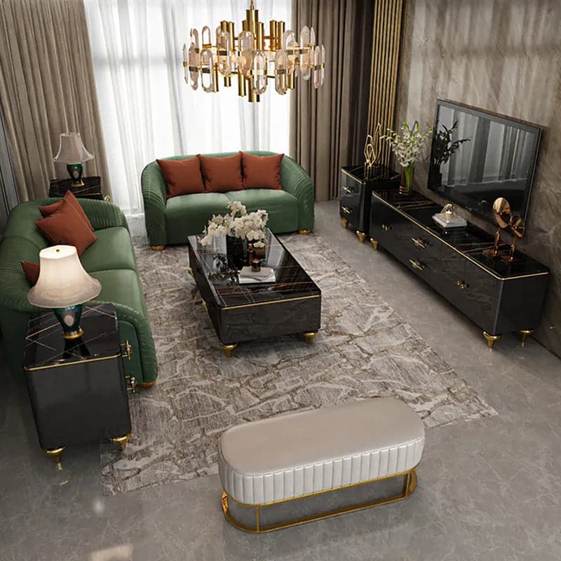 Table basse moderne en marbre blanc/noir de 51 po et tiroirs de rangement, pieds en acier inoxydable doré