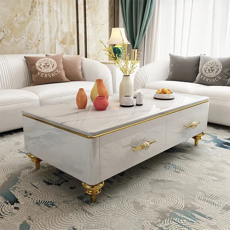 Table basse moderne en marbre blanc/noir de 51 po et tiroirs de rangement, pieds en acier inoxydable doré