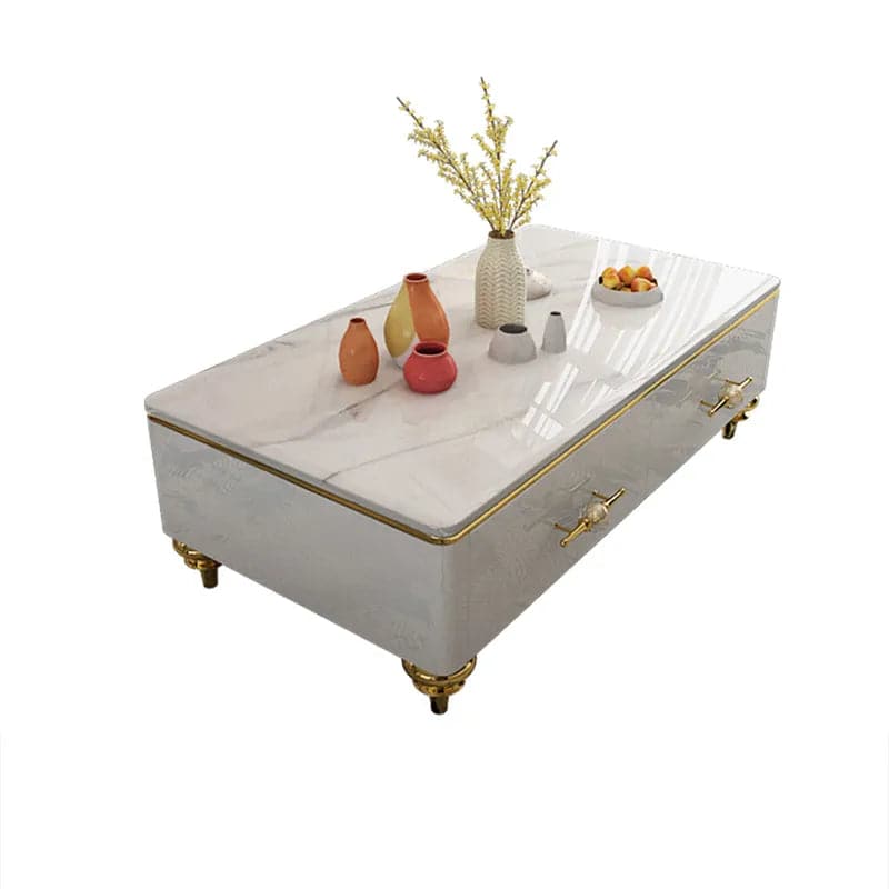 Table basse moderne en marbre blanc/noir de 51 po et tiroirs de rangement, pieds en acier inoxydable doré