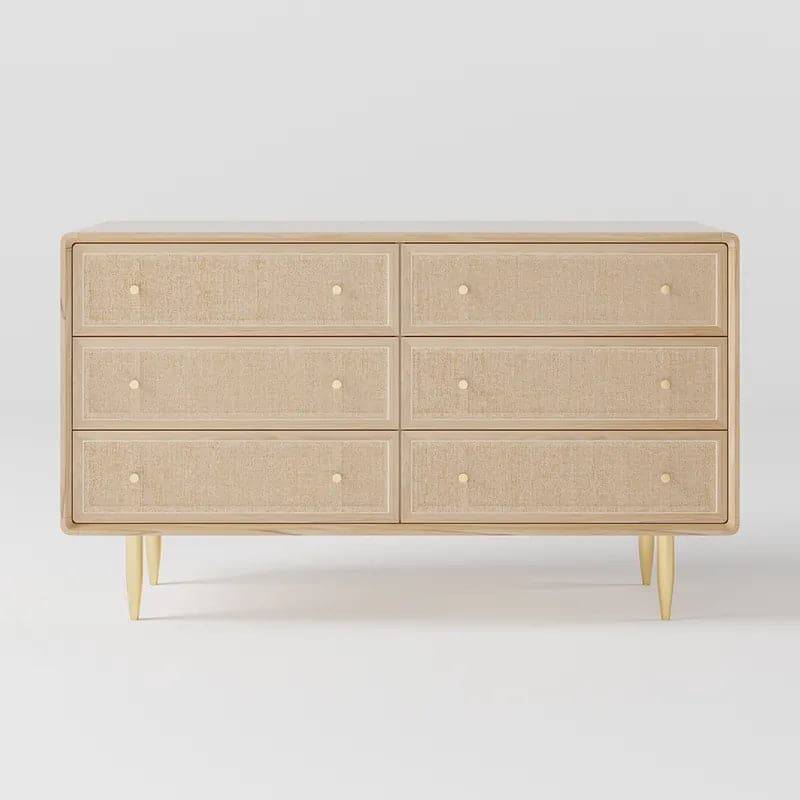 Commode de chambre nordique naturelle de 53 po avec 6 tiroirs en rotin tissé doré