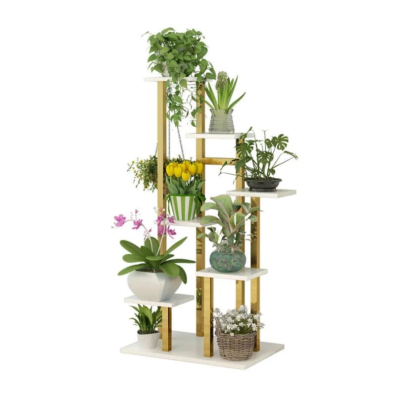59.1" Tall Metal Plant Stand Indoor Modern 7 Tier Ladder Planter in Gold & White & Black