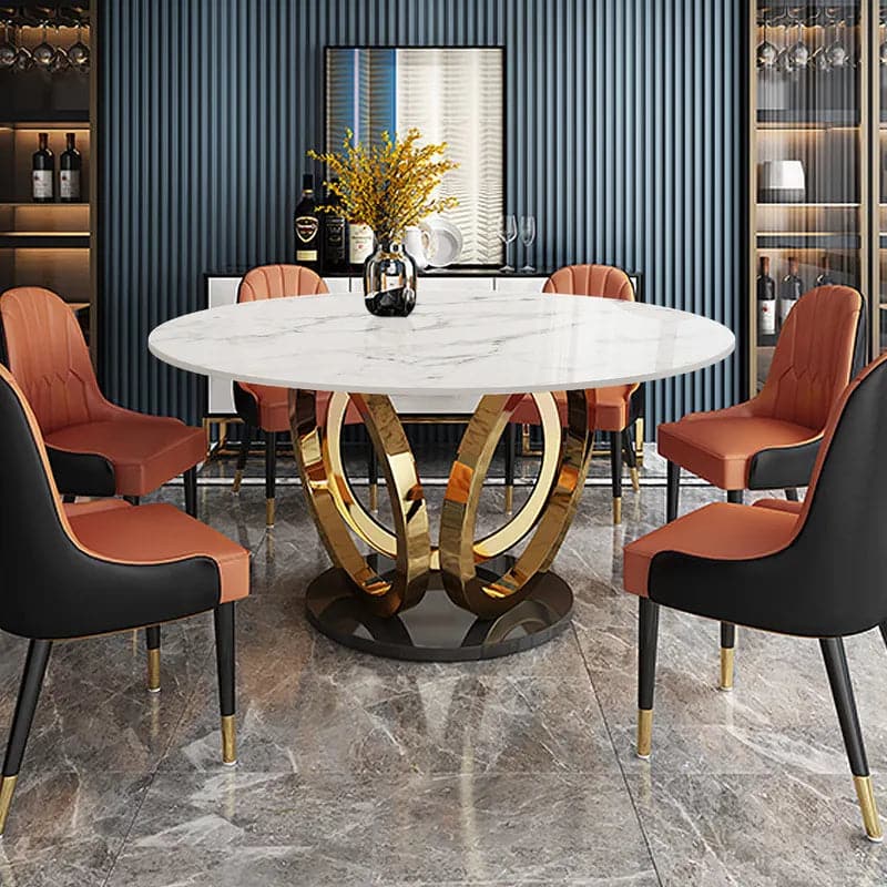 59" Modern Round Dining Table Set for 6 Faux Marble Top Upholstered Chairs