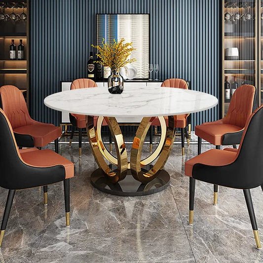 59" Modern Round Dining Table Set for 6 Faux Marble Top Upholstered Chairs