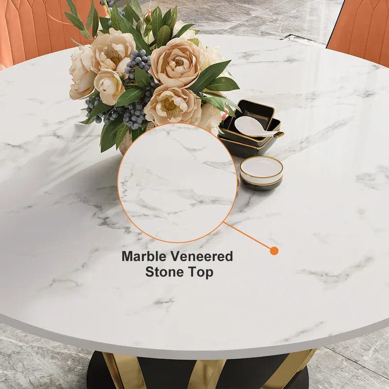 59" Modern Round Dining Table Set for 6 Faux Marble Top Upholstered Chairs