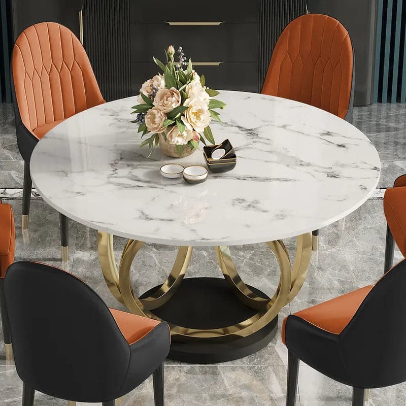59" Modern Round Dining Table Set for 6 Faux Marble Top Upholstered Chairs