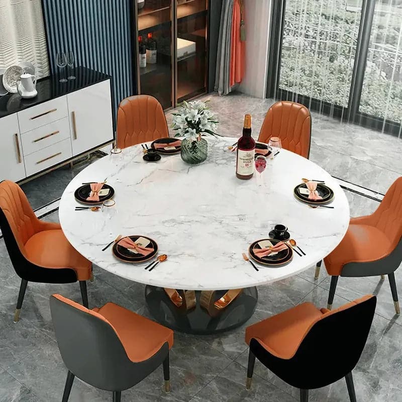 59" Modern Round Dining Table Set for 6 Faux Marble Top Upholstered Chairs
