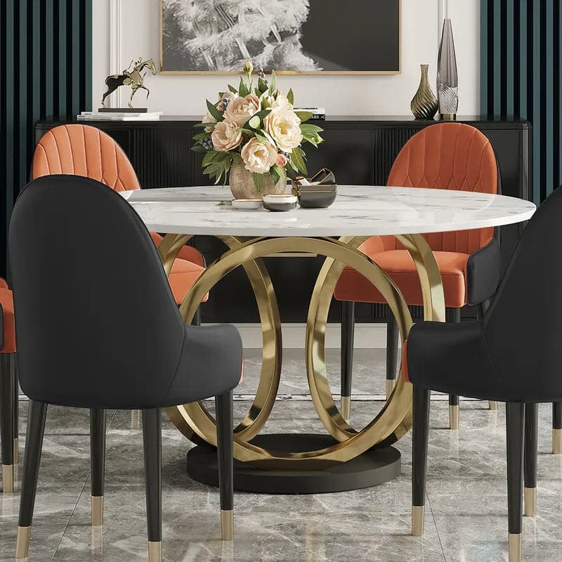 59" Modern Round Dining Table Set for 6 Faux Marble Top Upholstered Chairs