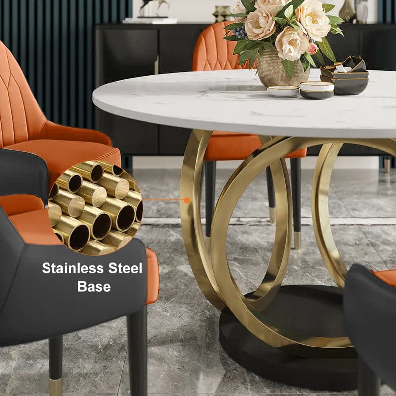 59" Modern Round Dining Table Set for 6 Faux Marble Top Upholstered Chairs