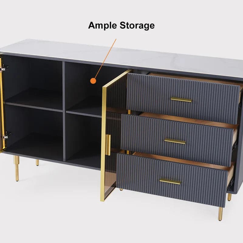 59" Modern Sideboard Sintered Stone Top Luxury Buffet Tempered Glass Doors in Large
