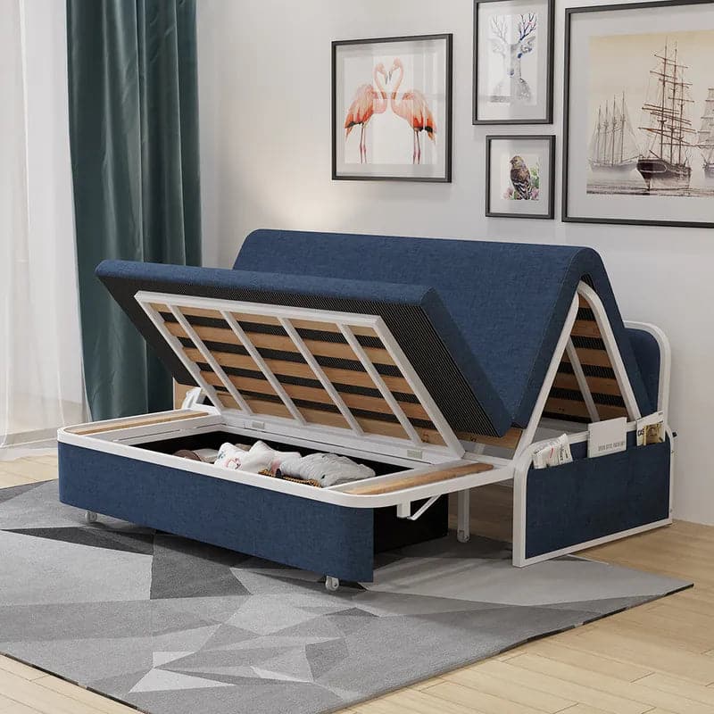 60 Inches Modern Blue Convertible Sofa Bed with Storage Cotton & Linen Upholstered Daybed#Blue