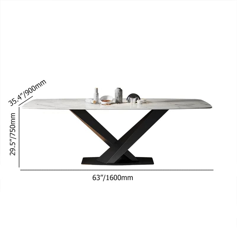 Table de salle à manger rectangulaire moderne en faux marbre blanc de 63 po/71 po/79 po avec base en X en métal