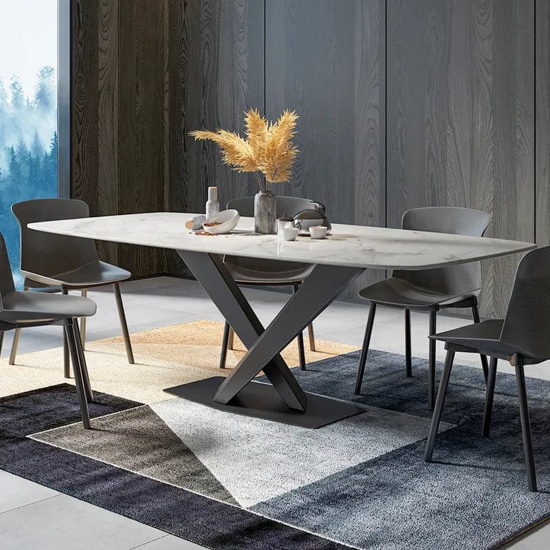 Table de salle à manger rectangulaire moderne en faux marbre blanc de 63 po/71 po/79 po avec base en X en métal