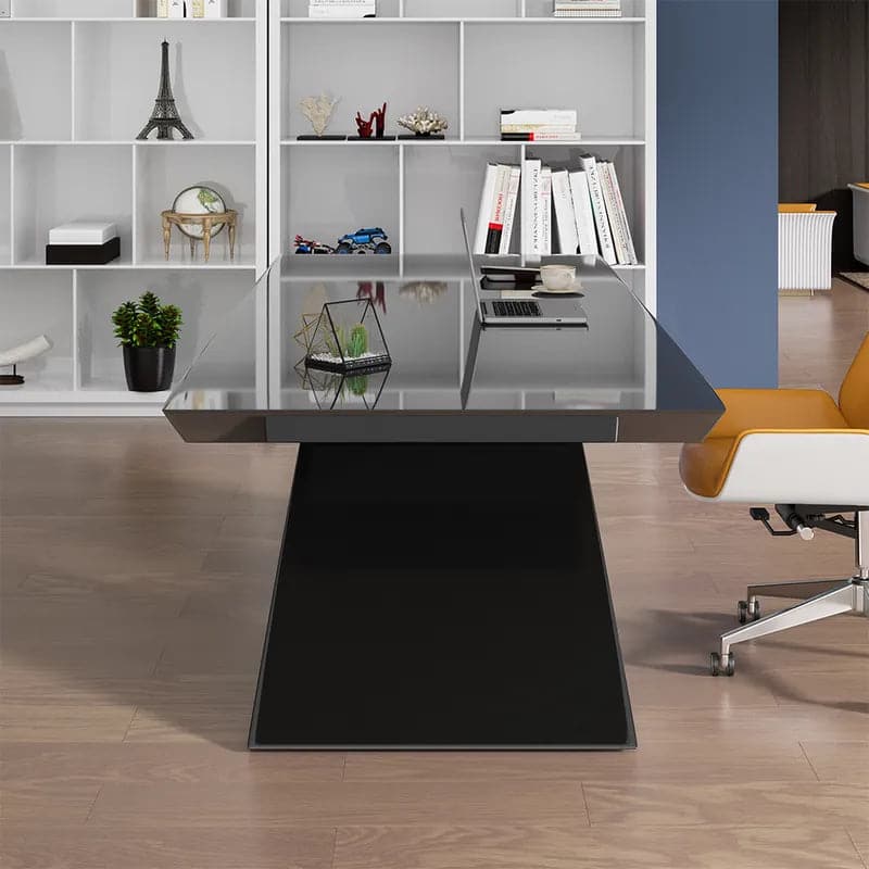 Modern White&Black Computer Desk Rectangular Office Desk with Pedestal Base#Black-M