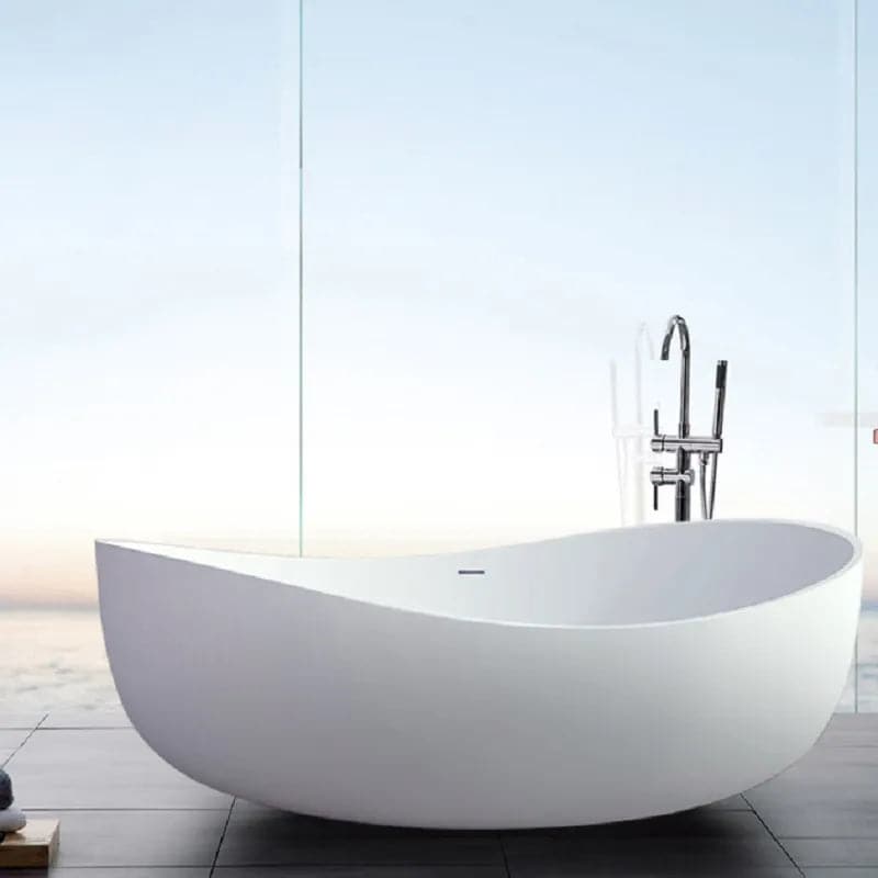 70 Contemporary Oval Freestanding Stone Resin Soaking Bathtub in Matte White/Black#White