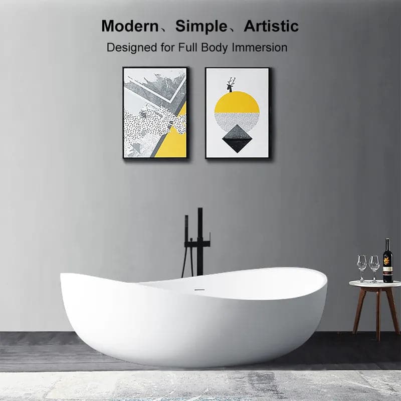 70 Contemporary Oval Freestanding Stone Resin Soaking Bathtub in Matte White/Black#White