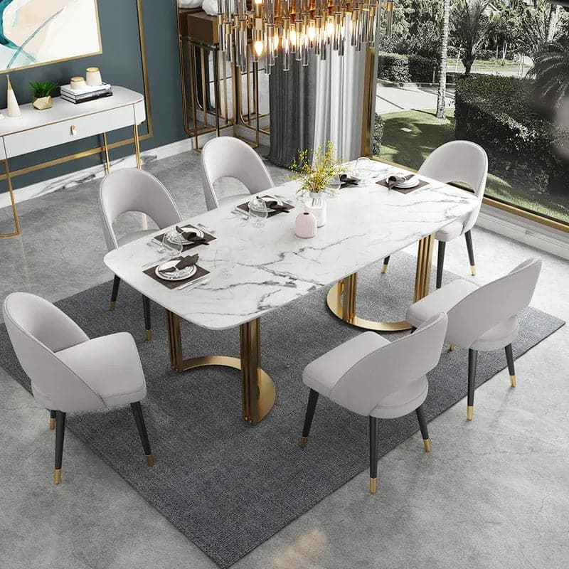 63"/71"/79" Faux Marble Dining Table for 6-8 Seater White Rectangular Top Gold Steel Base