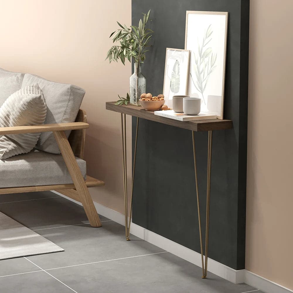 39.4 Inch Rustic Walnut Narrow Rectangle Console Table with Wooden Top Metal Legs