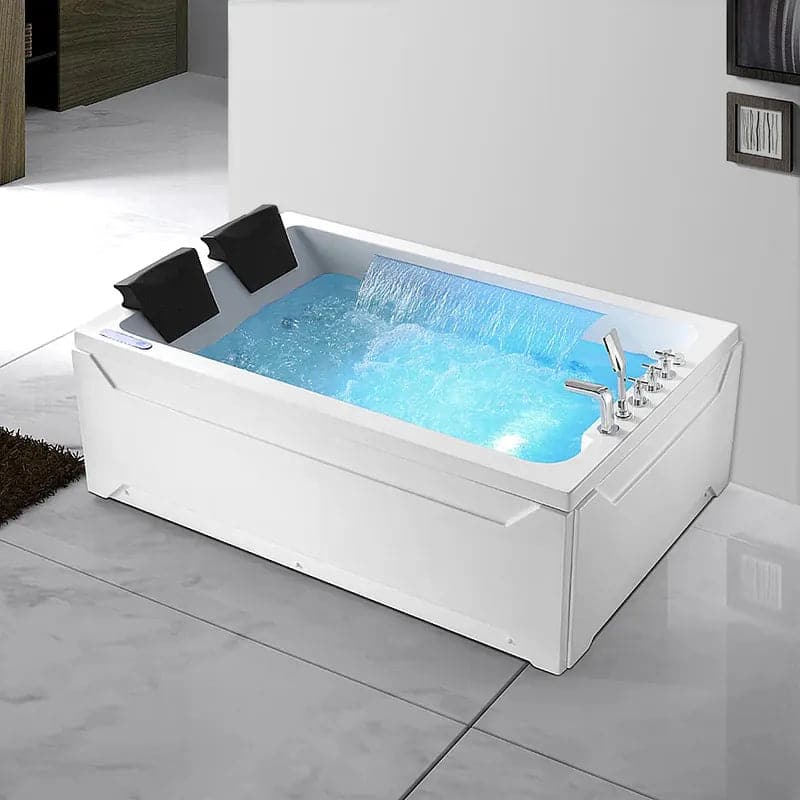 Baignoire à tablier à 3 côtés avec double cascade et massage à l'eau en acrylique à LED de 73 po
