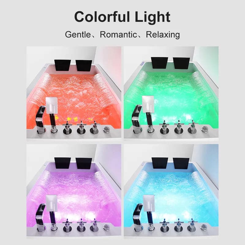 Baignoire à tablier à 3 côtés avec double cascade et massage à l'eau en acrylique à LED de 73 po