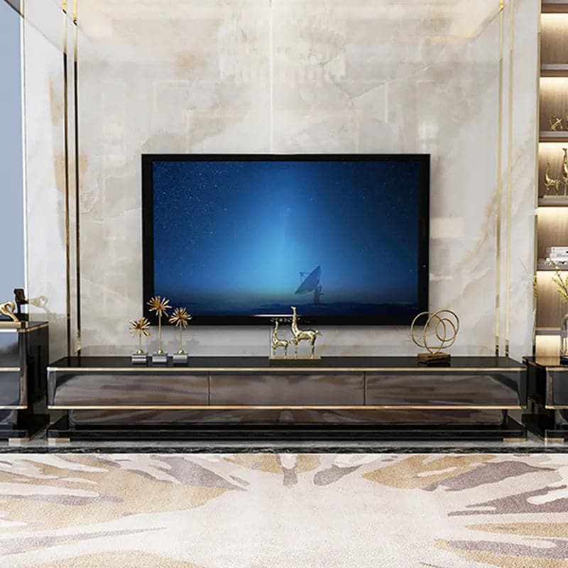 Console multimédia TV noire 78,7" avec 3 tiroirs en verre trempé pour téléviseurs jusqu'à 78"