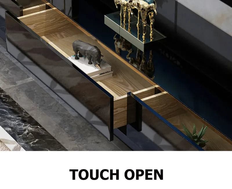 Console multimédia TV noire 78,7" avec 3 tiroirs en verre trempé pour téléviseurs jusqu'à 78"