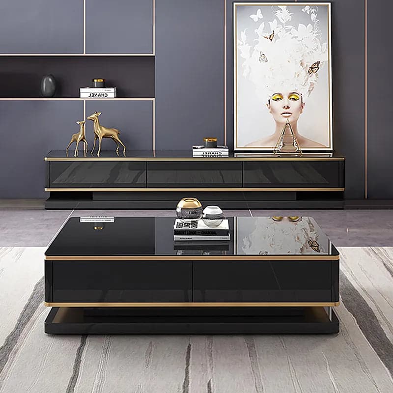 Console multimédia TV noire 78,7" avec 3 tiroirs en verre trempé pour téléviseurs jusqu'à 78"