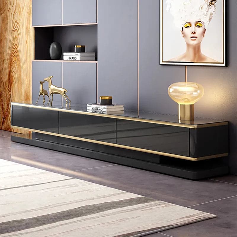 Console multimédia TV noire 78,7" avec 3 tiroirs en verre trempé pour téléviseurs jusqu'à 78"