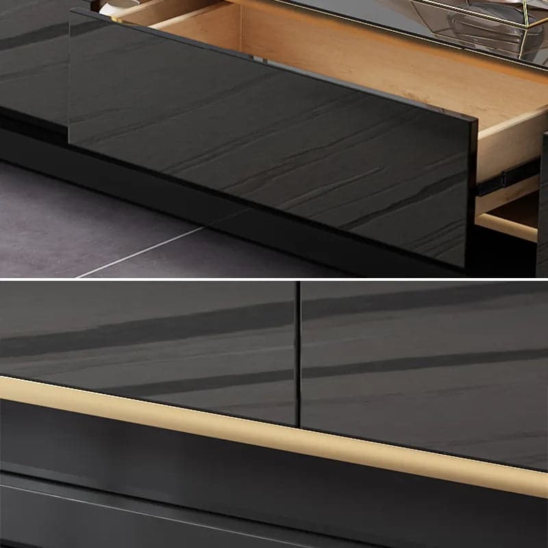 Console multimédia TV noire 78,7" avec 3 tiroirs en verre trempé pour téléviseurs jusqu'à 78"