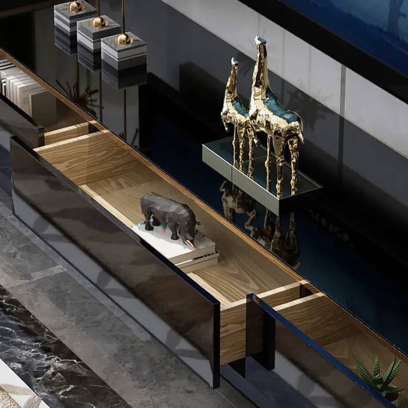 Console multimédia TV noire 78,7" avec 3 tiroirs en verre trempé pour téléviseurs jusqu'à 78"