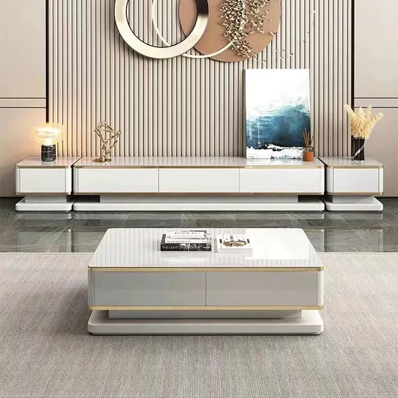 Meuble TV blanc 78,7" Console multimédia avec 3 tiroirs en verre trempé pour téléviseurs jusqu'à 78"