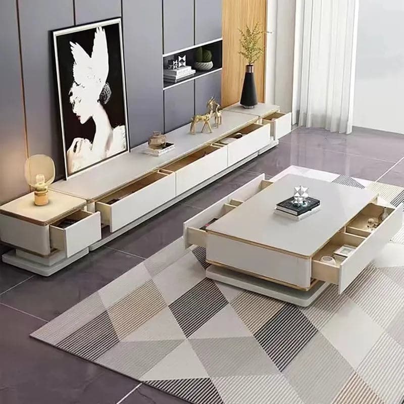 Meuble TV blanc 78,7" Console multimédia avec 3 tiroirs en verre trempé pour téléviseurs jusqu'à 78"