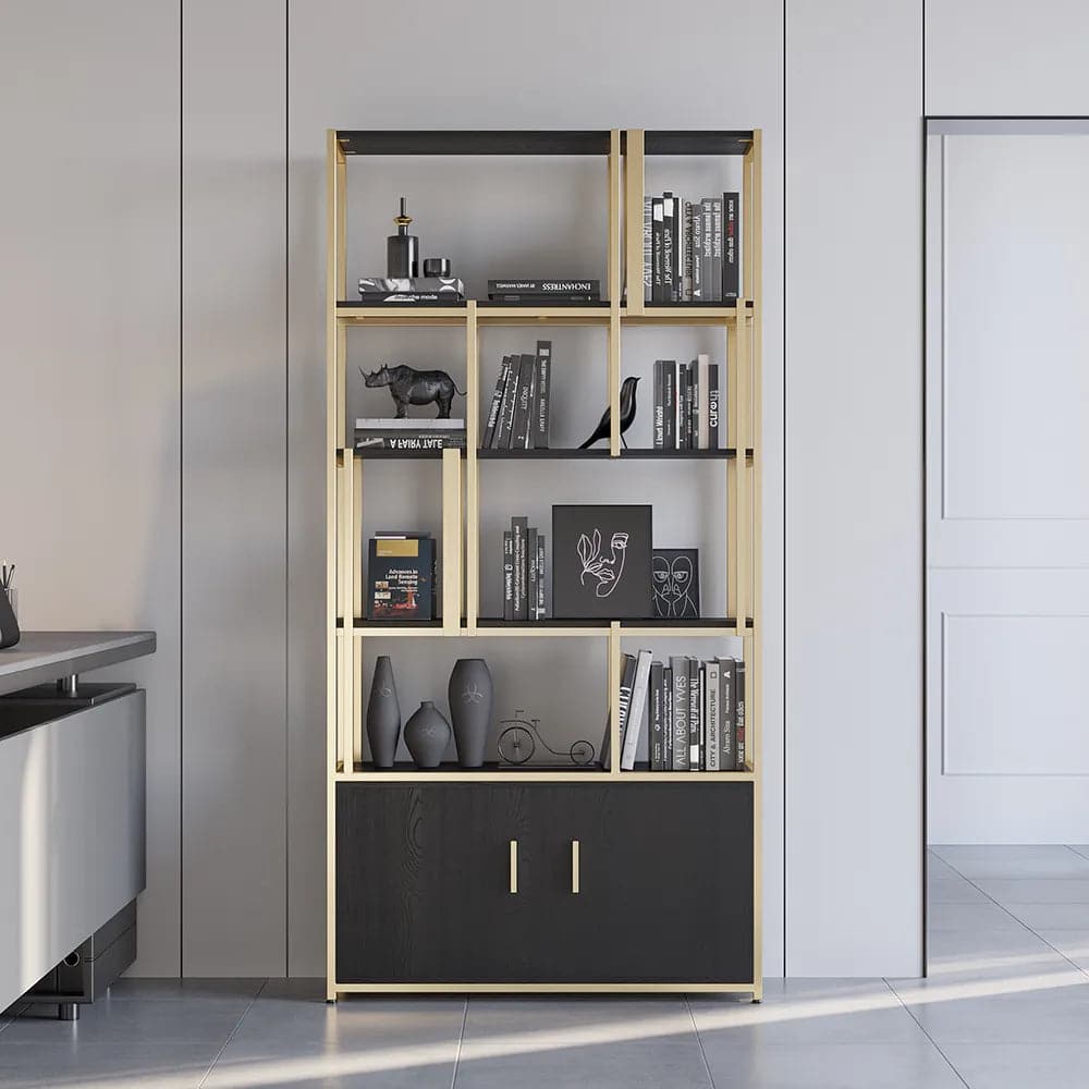 5-Tier Black Bookshelf with Doors Storage Cabinet Gold Frame#A