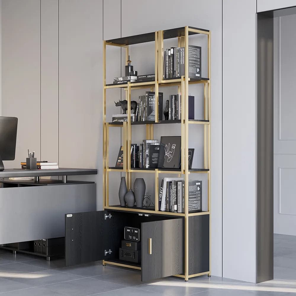 5-Tier Black Bookshelf with Doors Storage Cabinet Gold Frame#A