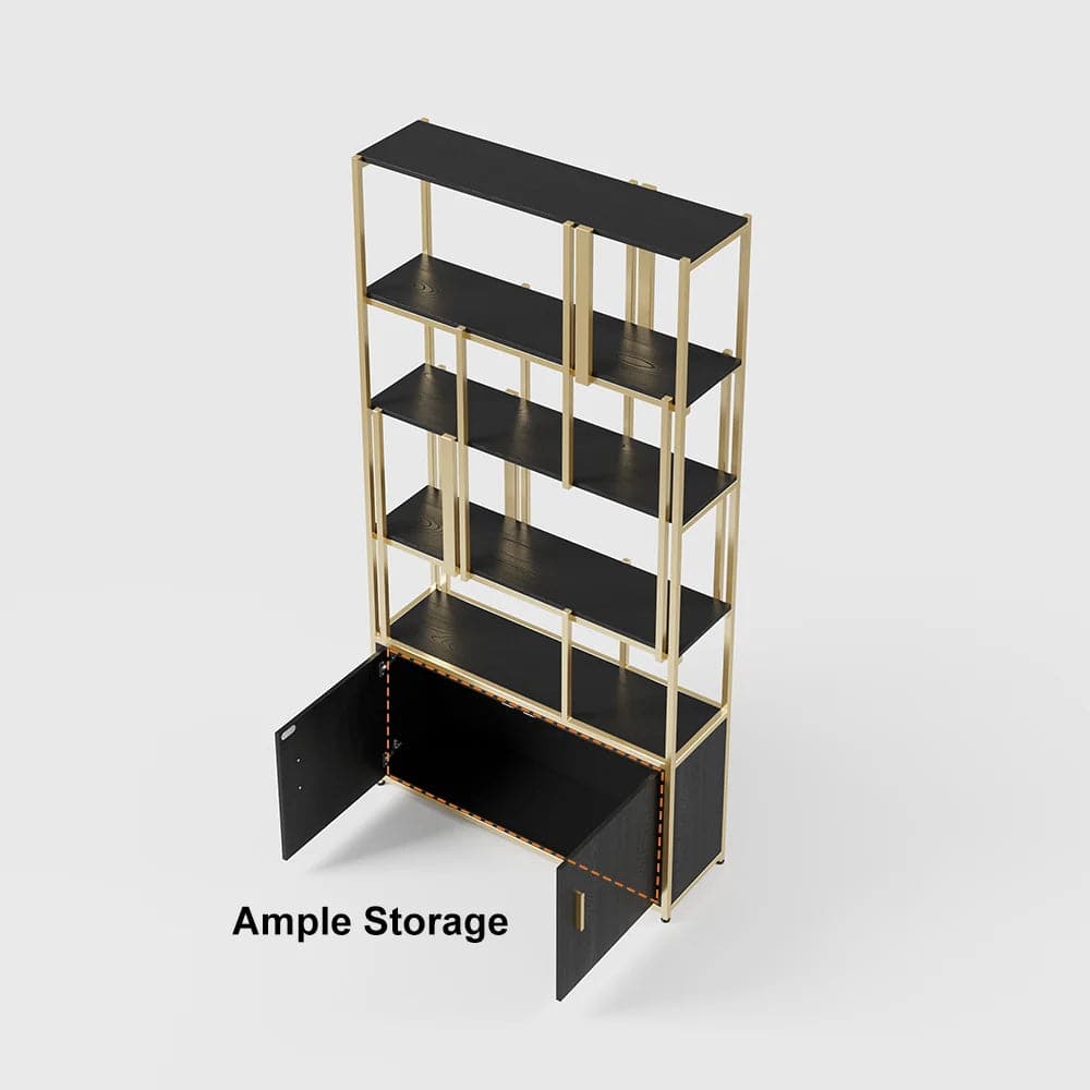 5-Tier Black Bookshelf with Doors Storage Cabinet Gold Frame#A