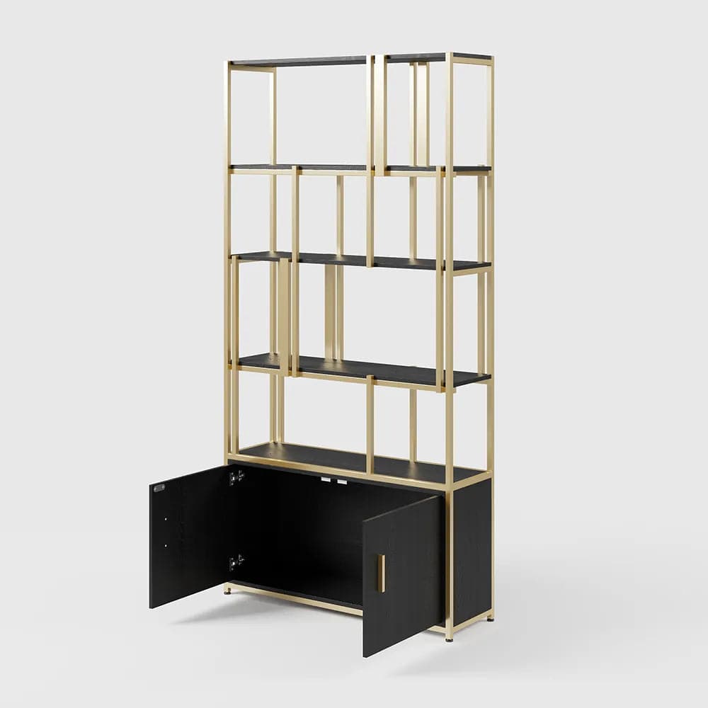 5-Tier Black Bookshelf with Doors Storage Cabinet Gold Frame#A