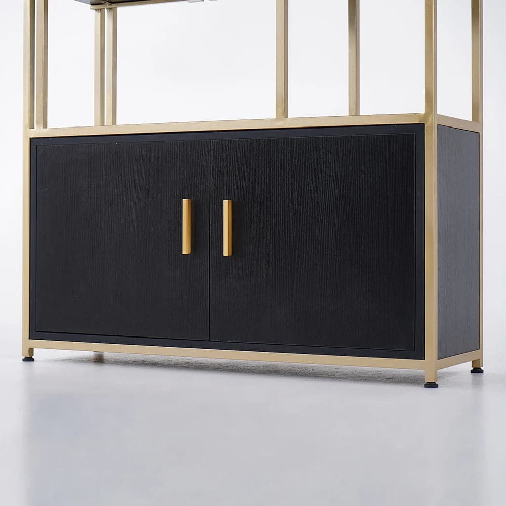 5-Tier Black Bookshelf with Doors Storage Cabinet Gold Frame#A