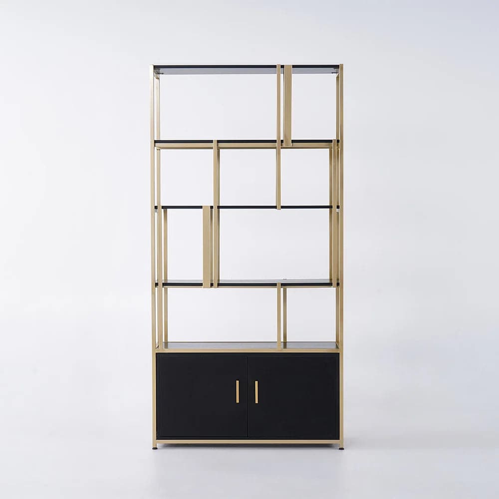 5-Tier Black Bookshelf with Doors Storage Cabinet Gold Frame#A