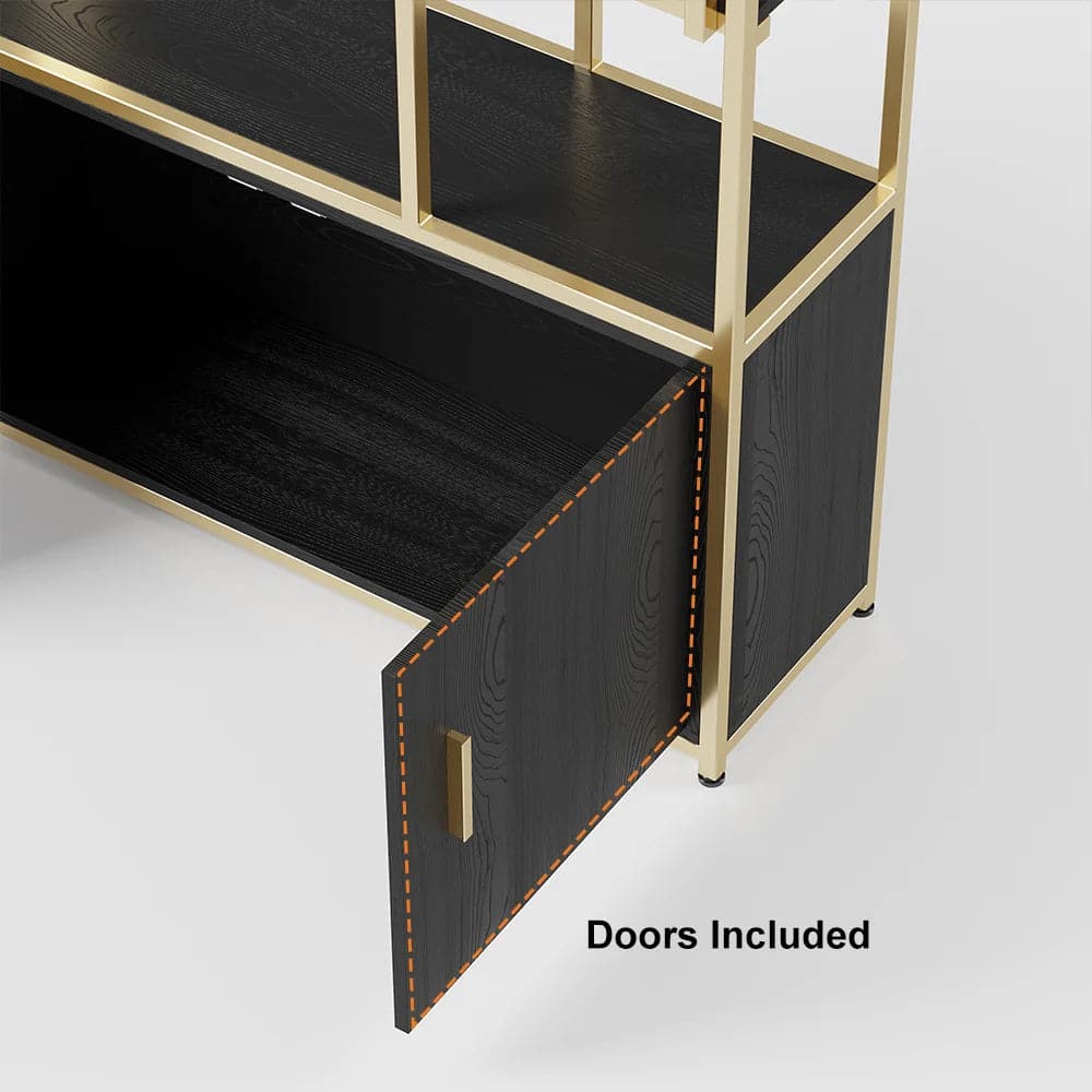 5-Tier Black Bookshelf with Doors Storage Cabinet Gold Frame#A