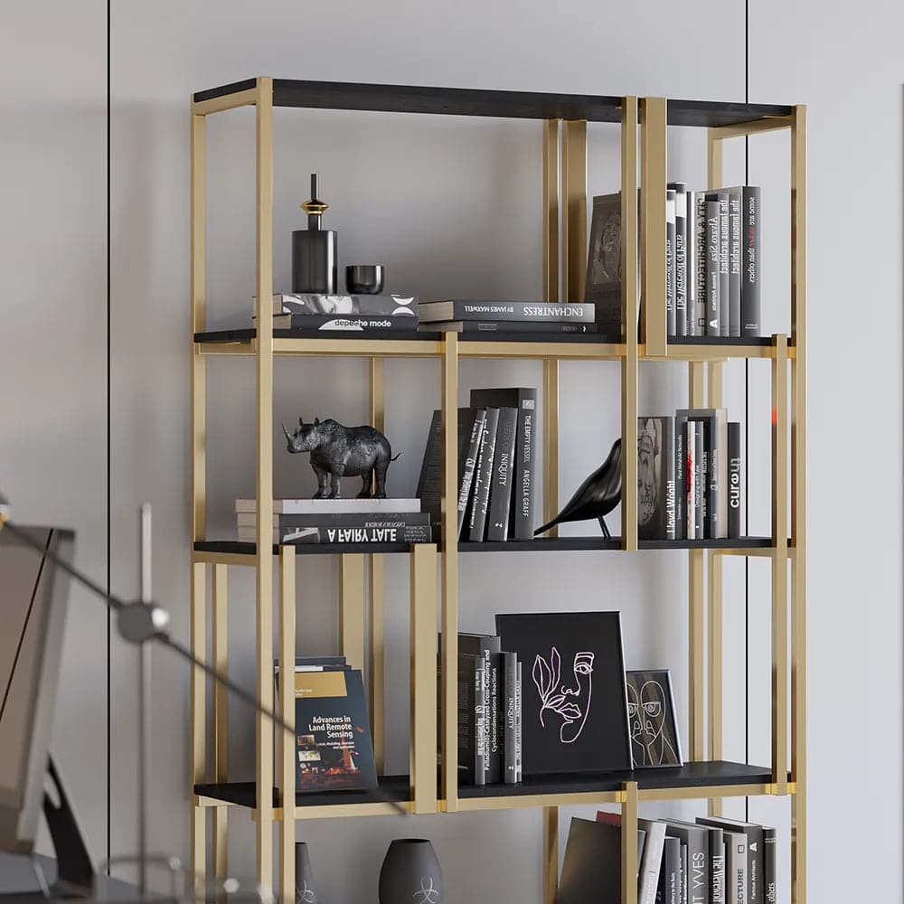 5-Tier Black Bookshelf with Doors Storage Cabinet Gold Frame#A