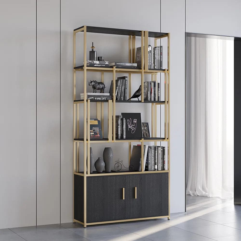 5-Tier Black Bookshelf with Doors Storage Cabinet Gold Frame#A