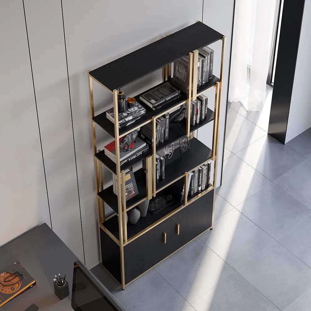 5-Tier Black Bookshelf with Doors Storage Cabinet Gold Frame#A