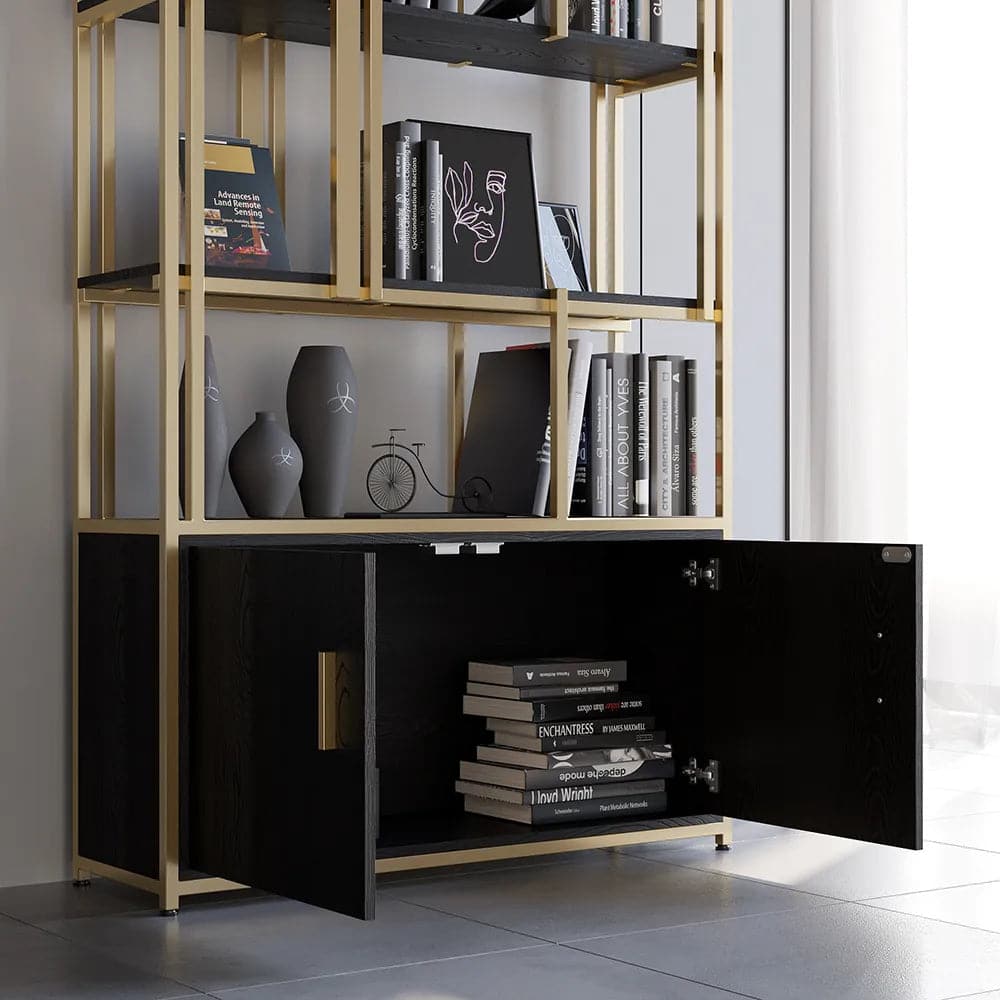 5-Tier Black Bookshelf with Doors Storage Cabinet Gold Frame#A