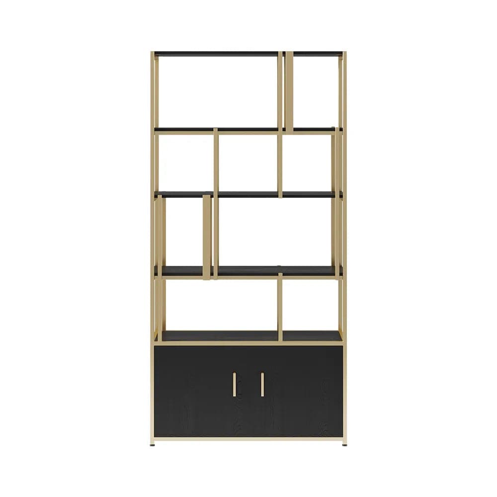 5-Tier Black Bookshelf with Doors Storage Cabinet Gold Frame#A