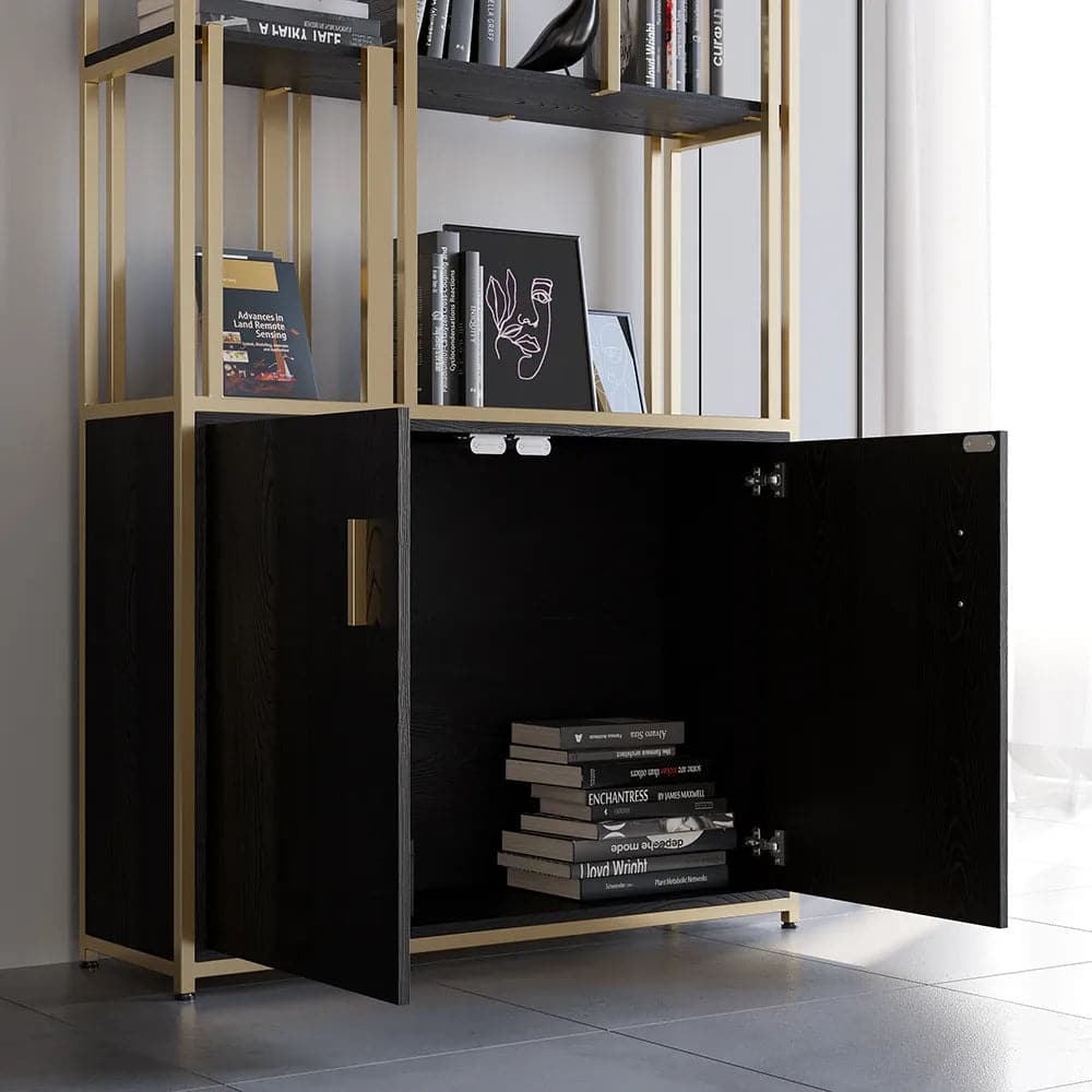 5-Tier Black Bookshelf with Doors Storage Cabinet Gold Frame#B