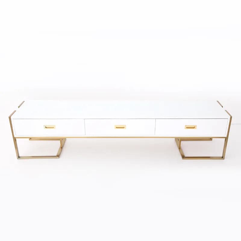 Meuble TV moderne Jocise blanc et or, console multimédia à 3 tiroirs