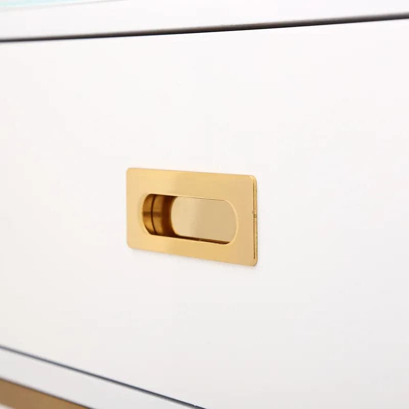 Meuble TV moderne Jocise blanc et or, console multimédia à 3 tiroirs