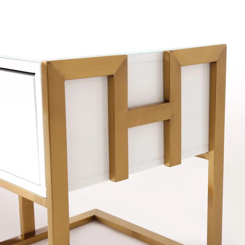 Meuble TV moderne Jocise blanc et or, console multimédia à 3 tiroirs