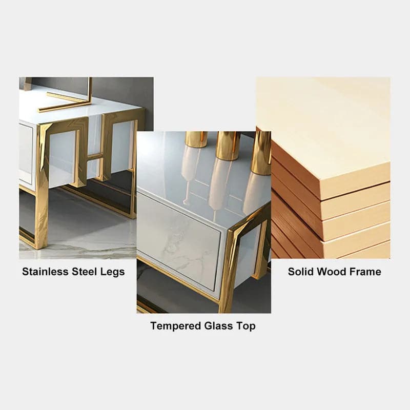 Meuble TV moderne Jocise blanc et or, console multimédia à 3 tiroirs